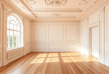 Bright, empty room with light wood floors, elegant crown molding, and large window, minimalist,  photography