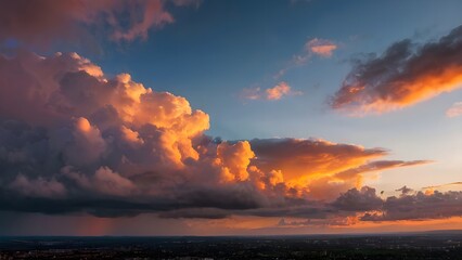 Naklejka premium dramatic golden sunset clouds against blue sky landscape background