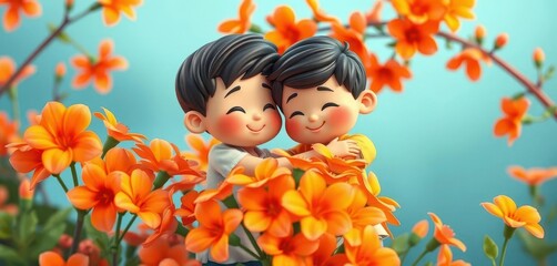 Cartoon figures embrace amidst bright orange blossoms, image, summer