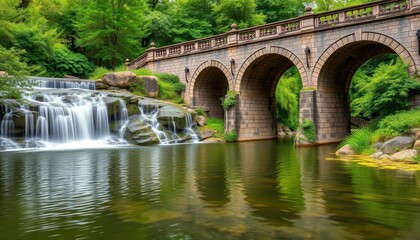 Fototapeta premium Cascading waterfall, historic stone bridge, tranquil pond, vibrant green foliage, texture, calm