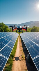 A drone flying over rows of solar panels in a green energy farm on a sunny day, showcasing modern technology and renewable energy for environmental sustainability

