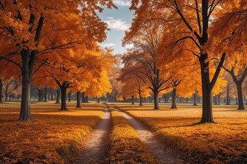 Naklejka premium Tranquil Autumn Park Landscape with Amber Trees and Scenic Path