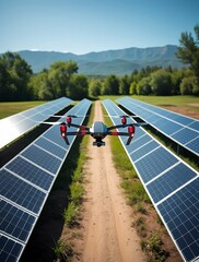 A drone flying over rows of solar panels in a green energy farm on a sunny day, showcasing modern technology and renewable energy for environmental sustainability

