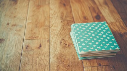 Stack of Teal Notebooks with White Patterns on a Wooden Surface in a Cozy and Creative Workspace Setting