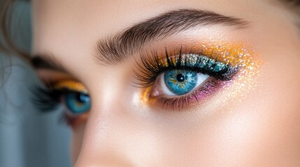 Obraz premium Eyelash makeup focus: close-up view, delicate application, defined lashes, beauty enhancement, precise styling, elegant look, eye detail, smooth finish, artistic touch, captivating gaze.