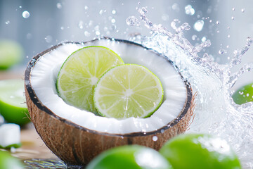 A coconut with water splashing on it and some limes floating around, tropical background