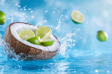 A coconut with water splashing on it and some limes floating around, tropical background
