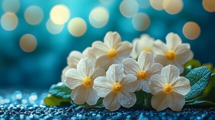 White primroses bouquet, bokeh background, springtime, greeting card