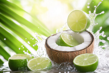 A coconut with water splashing on it and some limes floating around, tropical background