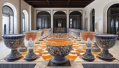 Fototapeta premium Artistic glassware display centered in a refined architectural interior space