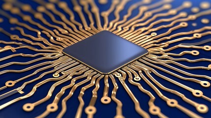 Close up of Gold Circuitry on a Dark Blue Microchip