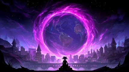 Obraz premium Person Contemplates Earth Surrounded by Purple Cosmic Energy