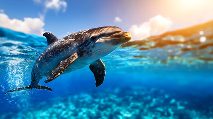 Obraz premium Dolphin encounter with plastic waste ocean depths marine life photography underwater environment close-up view conservation awareness