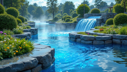 Naklejka premium serene landscape featuring tranquil waterway with cascading waterfalls, lush greenery, and vibrant flowers. scene evokes sense of peace and natural beauty