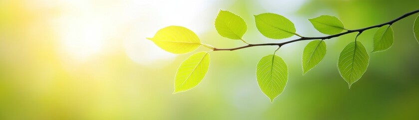 A close-up of green leaves on a branch, illuminated by soft sunlight, creating a serene and refreshing natural atmosphere.