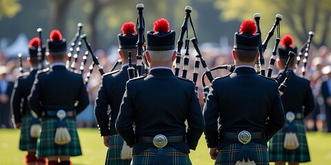 Rear view of kilted bagpipe players marching in unison at a public gathering, showcasing Scottish culture, traditional dress, and live music performance in open air


