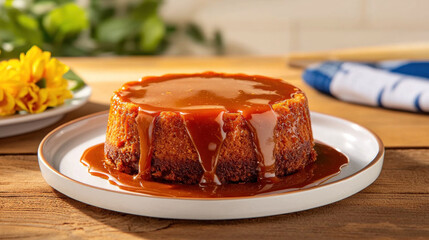 Sticky toffee pudding with rich caramel sauce on white plate