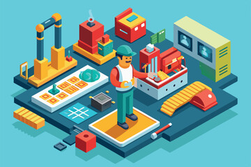 A worker stands in a colorful workshop, surrounded by various tools and restoration equipment, Restorer Customizable Isometric Illustration