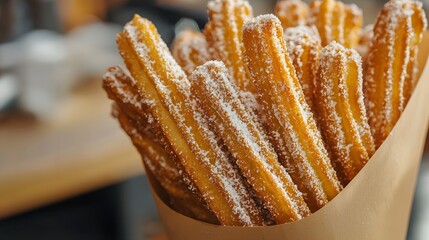 Close up crispy churros with a dusting of sugar in a papy bag. 