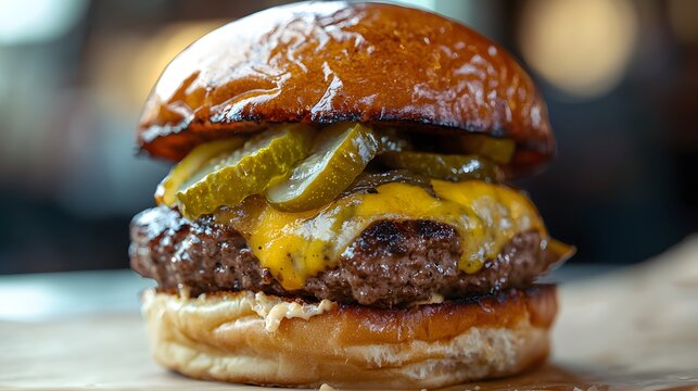 gourmet slider burger with melted cheese, pickles, and grilled onion with blurry background . - Powered by Adobe