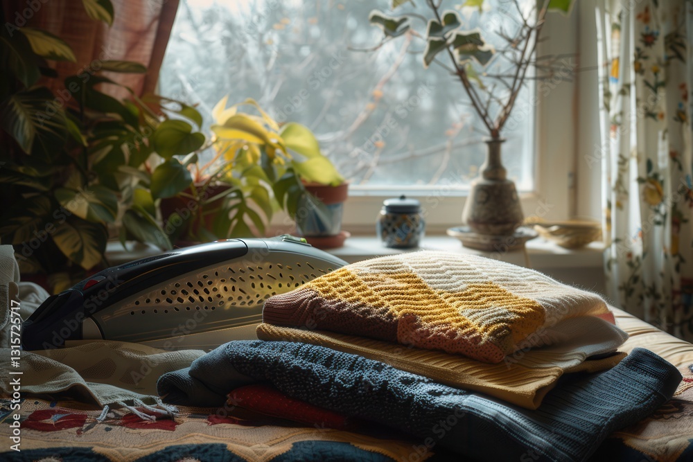 Poster cozy home setting featuring an iron on an ironing board with a stack of freshly pressed clothes in a