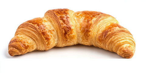 Golden flaky French croissant on white background, showcasing its layers