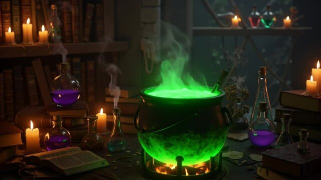 Mystical potion brewing in a cauldron surrounded by candles and magical ingredients