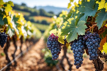 Naklejka premium Charming Vineyard Landscape with Ripe Grapes in a Bountiful Harvest Background