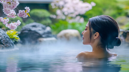 Fototapeta premium 桜が咲く和風露天風呂で目を閉じる日本女性