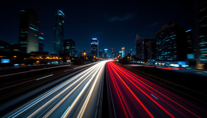 Fototapeta premium City skyline at night with light trails from moving vehicles on highway, showcasing urban life and vibrant city energy
