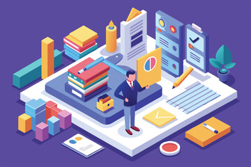 Obraz premium A customizable isometric resume design showcasing various office elements and charts for efficiency, Resume Customizable Isometric Illustration