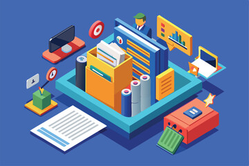 A colorful isometric view featuring a customizable resume folder surrounded by various office tools and charts, Resume folder Customizable Isometric Illustration