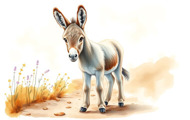 A fluffy baby donkey standing on a dirt path, gazing toward the viewer with innocent eyes. The watercolor painting has delicate brushstrokes, creating a gentle, almost ethereal quality. 
