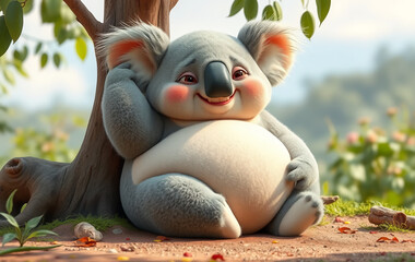 A chubby, ultra-round koala sitting on the ground, struggling to climb a tree due to its excessive weight. Its tiny limbs contrast with its massive belly, and it has a comical yet adorable expression.