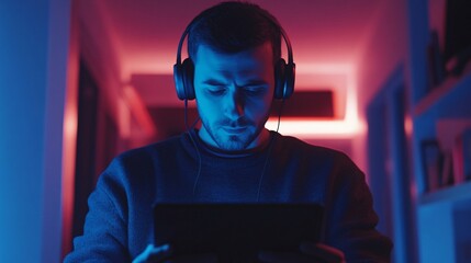 Casual virtual meeting setup by a young man using headphones
