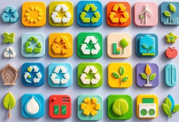 Collection of eco-friendly icons depicting recycling, renewable energy, and conservation symbols, emission, sustainable