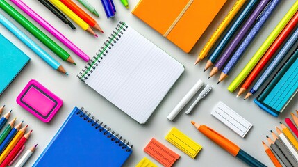 Colorful Stationery and Office Supplies Arrangement on a Gray Background for Creative Workspace and School Planning