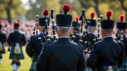 Rear view of kilted bagpipe players marching in unison at a public gathering, showcasing Scottish culture, traditional dress, and live music performance in open air


