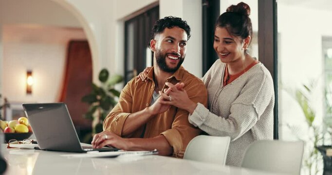 Financial investment, laptop or happy couple high five for budget goal or household bills planning. Support, banking or people with smile for finance report of stocks growth, taxes or salary bonus
