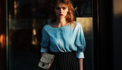 Stylish Woman Baby Blue Shirt, Beige Bag, Urban Street Fashion Portrait