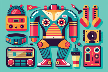 A vibrant collection of retro body part designs and components arranged creatively, highlighting whimsical styles, Retro body parts,