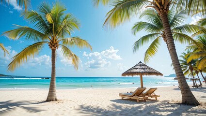 Tropical beach scene, sun loungers, palm trees