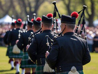 Rear view of kilted bagpipe players marching in unison at a public gathering, showcasing Scottish culture, traditional dress, and live music performance in open air


