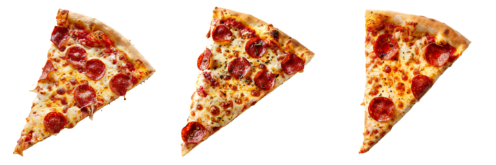 Set of A delicious tasty slice of pepperoni pizza flying isolated on white or transparent background