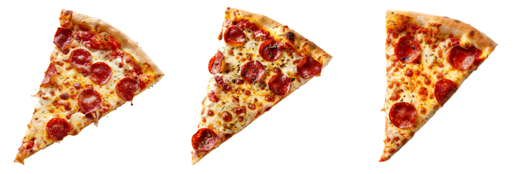 Set of A delicious tasty slice of pepperoni pizza flying isolated on white or transparent background