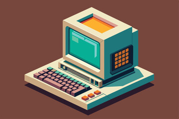 A retro computer setup showcases a customizable isometric design featuring a colorful keyboard and monitor, Retro computer Customizable Isometric Illustration