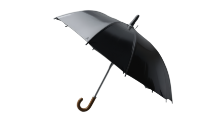 Open black umbrella with wooden handle on a gray backdrop