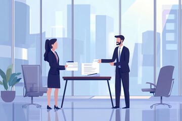 Business colleagues exchanging contract documents in modern office interior