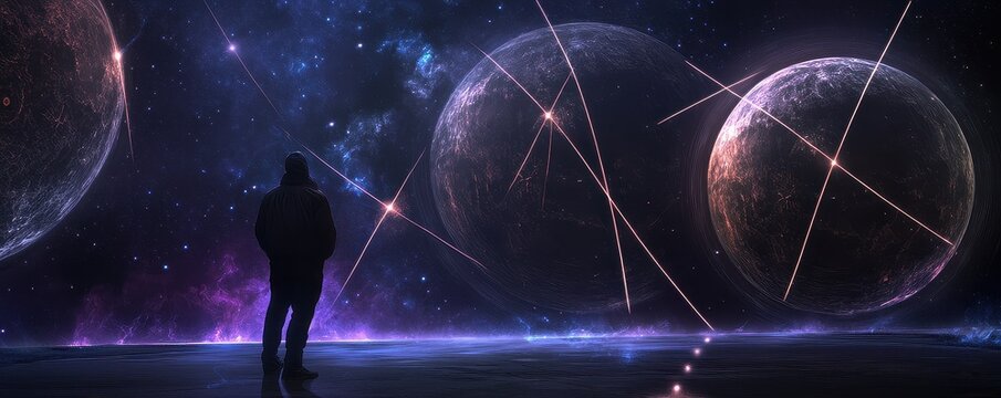 A cyberpunk detective decoding a secret message hidden in the constellation patterns under two eerie moons