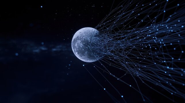A digital realm where the full moon serves as a control hub and the crescent moon functions as an interface, constellations forming data clusters